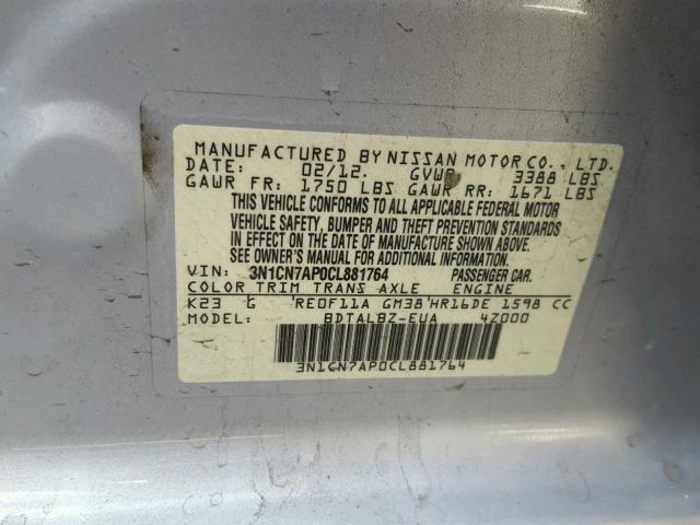 3N1CN7AP0CL881764 - 2012 NISSAN VERSA S SILVER photo 10