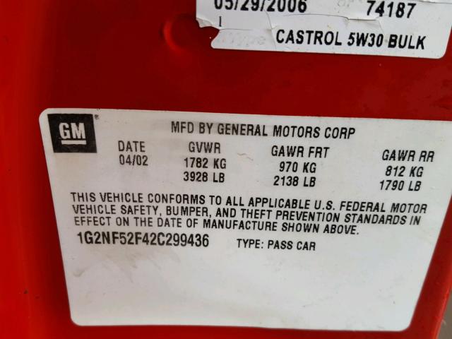 1G2NF52F42C299436 - 2002 PONTIAC GRAND AM S RED photo 10