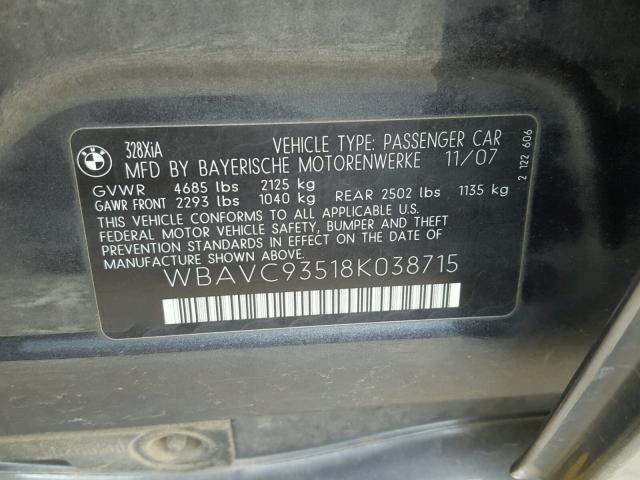 WBAVC93518K038715 - 2008 BMW 328 XI GRAY photo 10