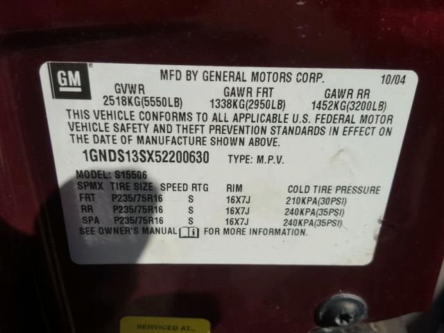 1GNDS13SX52200630 - 2005 CHEVROLET TRAILBLAZE BURGUNDY photo 10