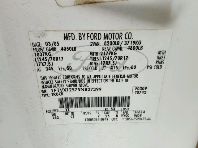 1FTVX12575NB27399 - 2005 FORD F150 WHITE photo 10