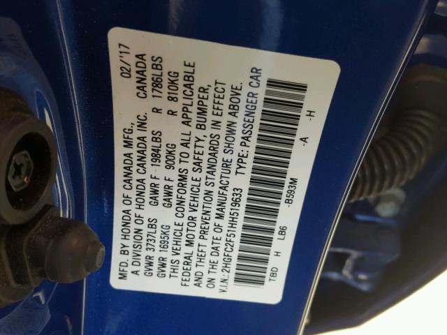 2HGFC2F51HH519633 - 2017 HONDA CIVIC LX BLUE photo 10