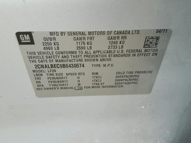 2CNALBEC9B6430674 - 2011 CHEVROLET EQUINOX LS SILVER photo 10