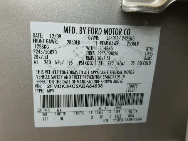 2FMDK3KC5ABA84638 - 2010 FORD EDGE LIMIT GRAY photo 10