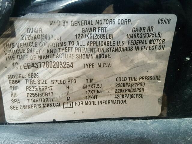 1GYEE437780203254 - 2008 CADILLAC SRX BLACK photo 10