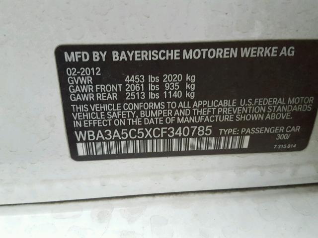 WBA3A5C5XCF340785 - 2012 BMW 328 I WHITE photo 10