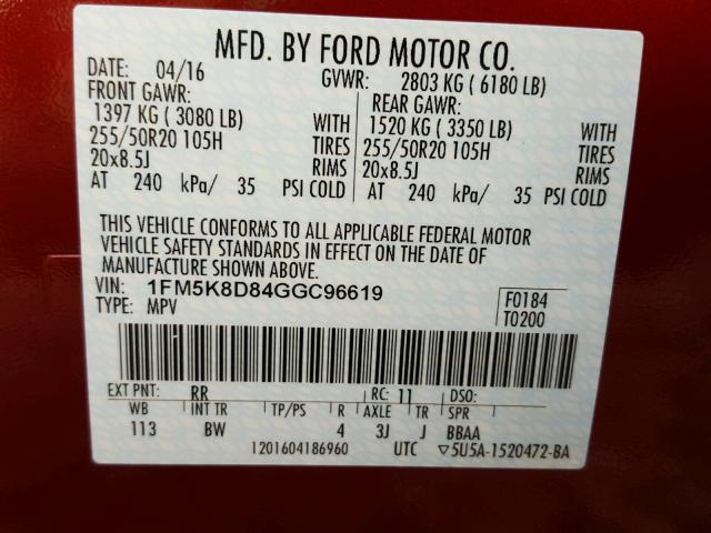 1FM5K8D84GGC96619 - 2016 FORD EXPLORER X RED photo 10