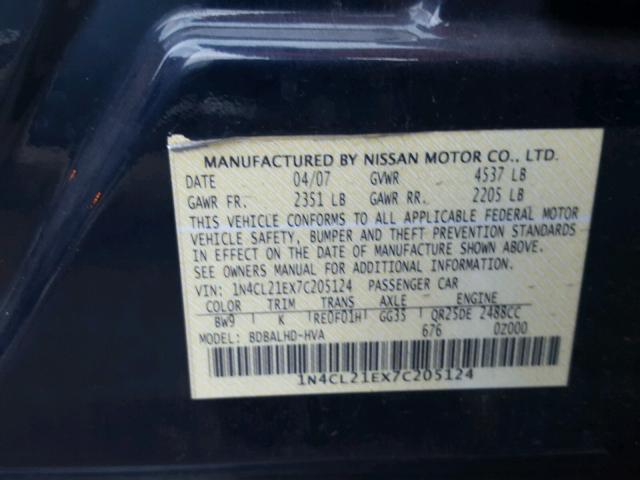 1N4CL21EX7C205124 - 2007 NISSAN ALTIMA HYB BLUE photo 10