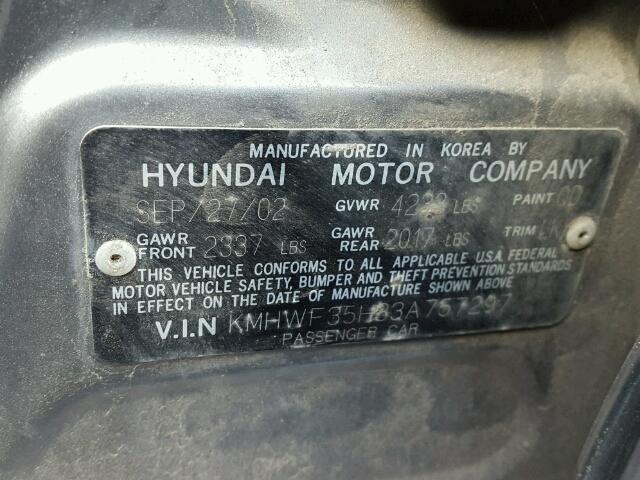 KMHWF35H33A757297 - 2003 HYUNDAI SONATA GLS GRAY photo 10