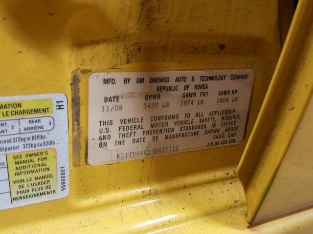 KL1TD66EX9B627112 - 2009 CHEVROLET AVEO LS 黄色 照片 10