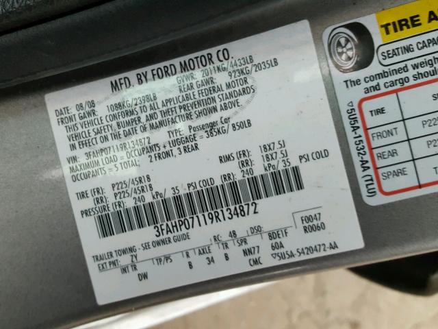 3FAHP07119R134872 - 2009 FORD FUSION SE GRAY photo 10