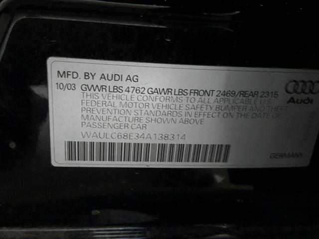 WAULC68E34A138314 - 2004 AUDI A4 1.8T QU BLACK photo 10