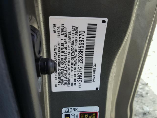 2HGFG128X8H569770 - 2008 HONDA CIVIC EX GRAY photo 10