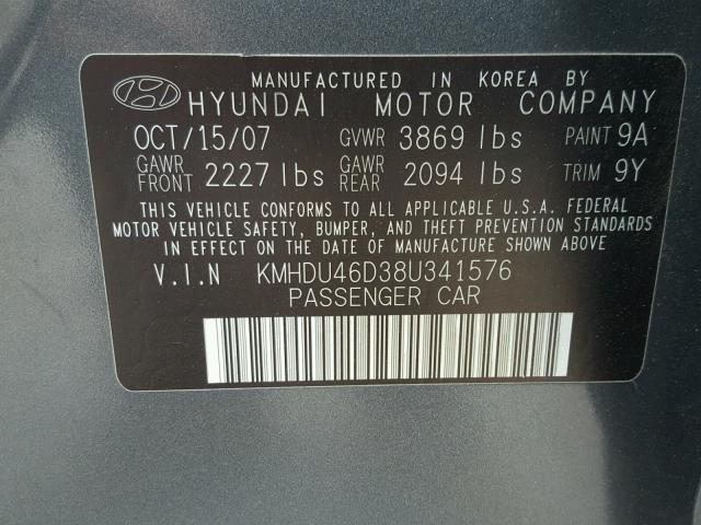 KMHDU46D38U341576 - 2008 HYUNDAI ELANTRA GL GRAY photo 10