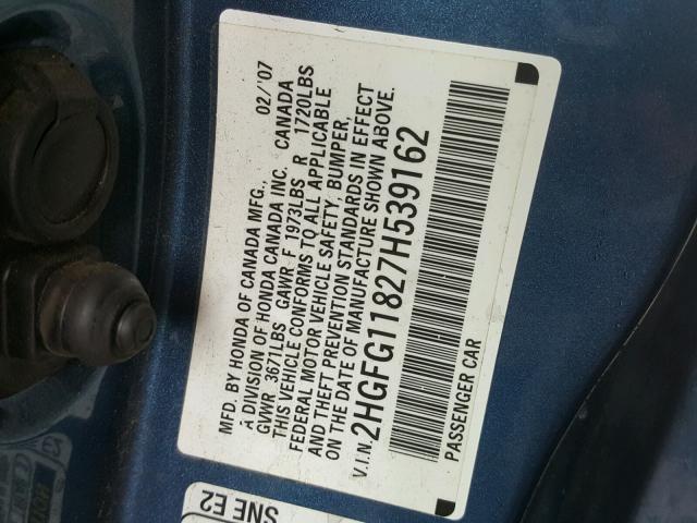 2HGFG11827H539162 - 2007 HONDA CIVIC EX BLUE photo 9