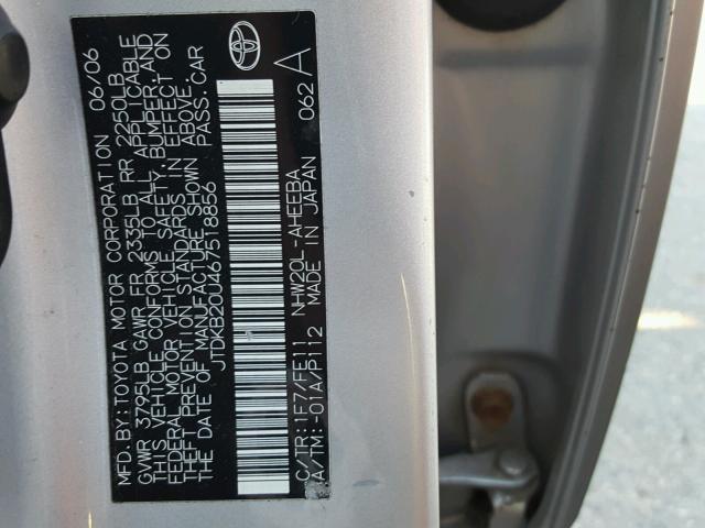 JTDKB20U467518856 - 2006 TOYOTA PRIUS SILVER photo 10