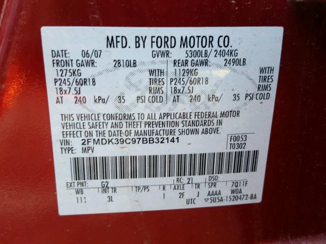 2FMDK39C97BB32141 - 2007 FORD EDGE SEL P RED photo 10