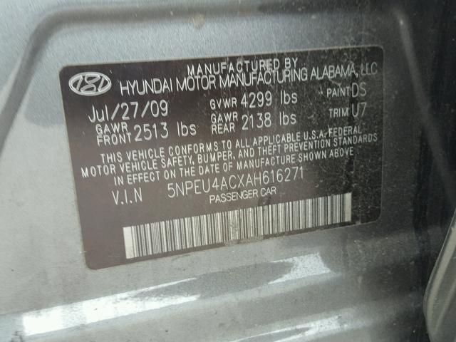 5NPEU4ACXAH616271 - 2010 HYUNDAI SONATA SE CHARCOAL photo 10