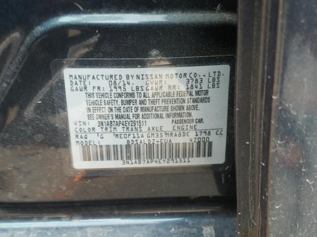 3N1AB7AP4EY291511 - 2014 NISSAN SENTRA S CHARCOAL photo 10