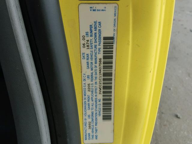 3VWCC21C11M407586 - 2001 VOLKSWAGEN NEW BEETLE 黄色 照片 10