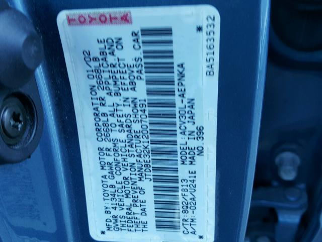JTDBE32K120070491 - 2002 TOYOTA CAMRY LE 蓝色 照片 10