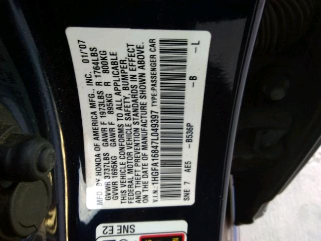 1HGFA16847L049397 - 2007 HONDA CIVIC EX ლურჯი ფოტო 10