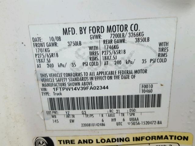 1FTPW14V39FA02344 - 2009 FORD F150 SUPER WHITE photo 10