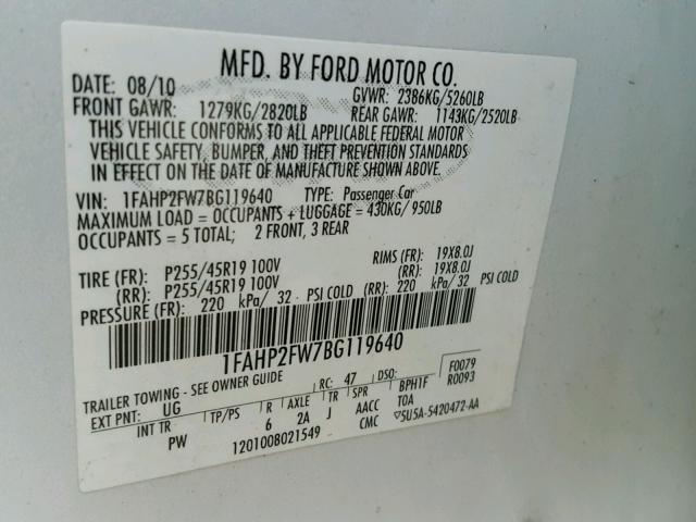 1FAHP2FW7BG119640 - 2011 FORD TAURUS LIM WHITE photo 10