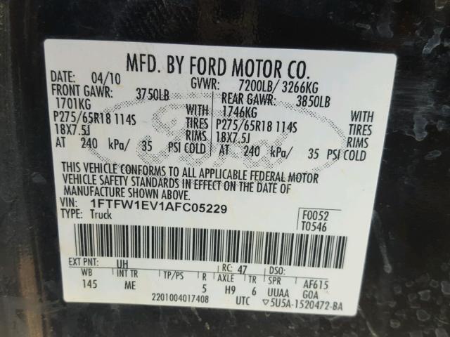 1FTFW1EV1AFC05229 - 2010 FORD F150 SUPER BLACK photo 10