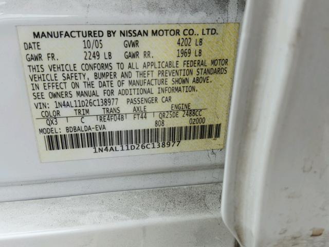 1N4AL11D26C138977 - 2006 NISSAN ALTIMA S WHITE photo 10