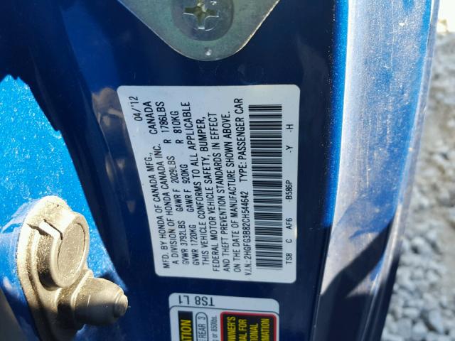 2HGFG3B82CH544642 - 2012 HONDA CIVIC EX BLUE photo 10