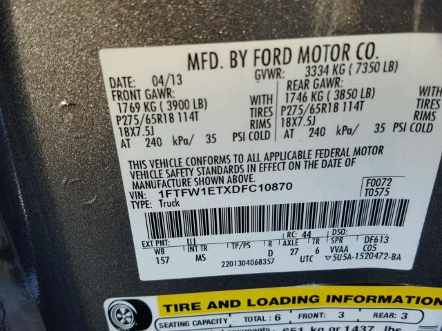 1FTFW1ETXDFC10870 - 2013 FORD F150 SUPER GRAY photo 10