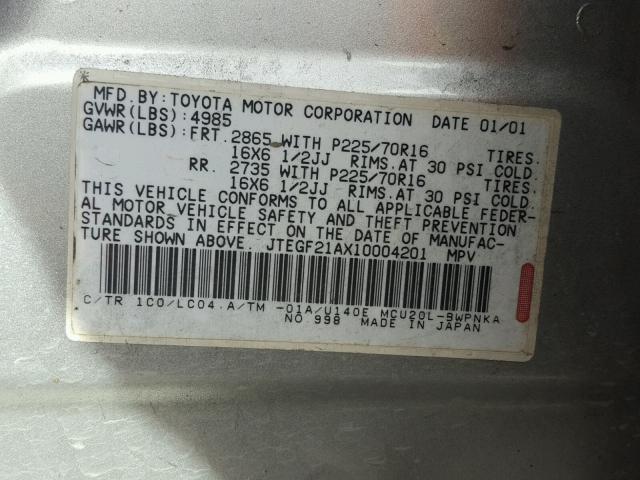 JTEGF21AX10004201 - 2001 TOYOTA HIGHLANDER SILVER photo 10