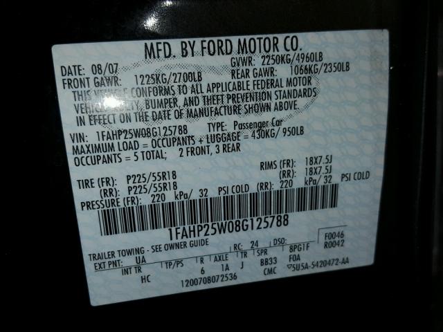 1FAHP25W08G125788 - 2008 FORD TAURUS LIM BLUE photo 10