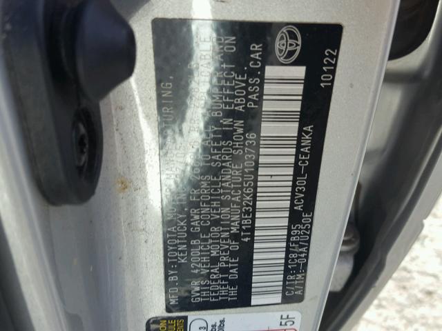 4T1BE32K65U103736 - 2005 TOYOTA CAMRY LE SILVER photo 10