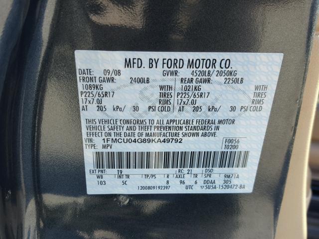 1FMCU04G89KA49792 - 2009 FORD ESCAPE LIM BLUE photo 10