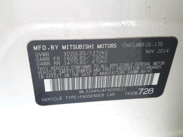 ML32A4HJ4FH035521 - 2015 MITSUBISHI MIRAGE ES WHITE photo 10