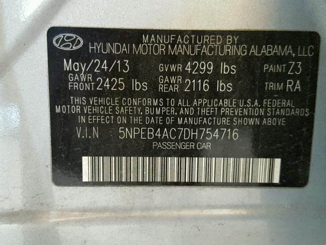 5NPEB4AC7DH754716 - 2013 HYUNDAI SONATA GLS BLUE photo 10