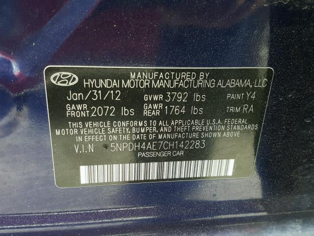 5NPDH4AE7CH142283 - 2012 HYUNDAI ELANTRA GL BLUE photo 10