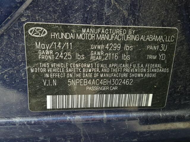 5NPEB4AC4BH302462 - 2011 HYUNDAI SONATA GLS BLUE photo 10