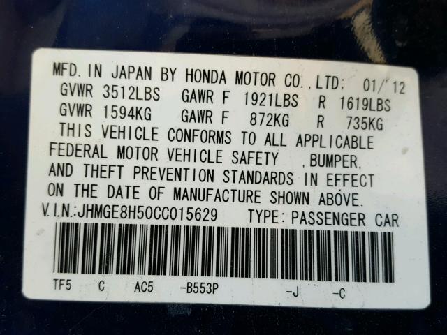 JHMGE8H50CC015629 - 2012 HONDA FIT SPORT BLUE photo 10