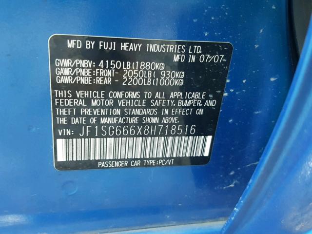 JF1SG666X8H718516 - 2008 SUBARU FORESTER S BLUE photo 10