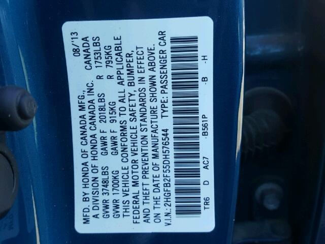 2HGFB2F55DH576544 - 2013 HONDA CIVIC LX BLUE photo 10