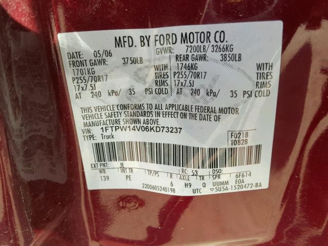 1FTPW14V06KD73237 - 2006 FORD F150 SUPER MAROON photo 10