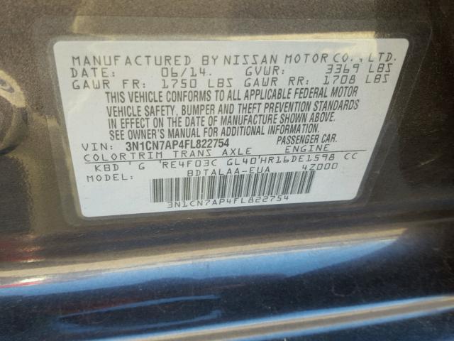 3N1CN7AP4FL822754 - 2015 NISSAN VERSA S CHARCOAL photo 10