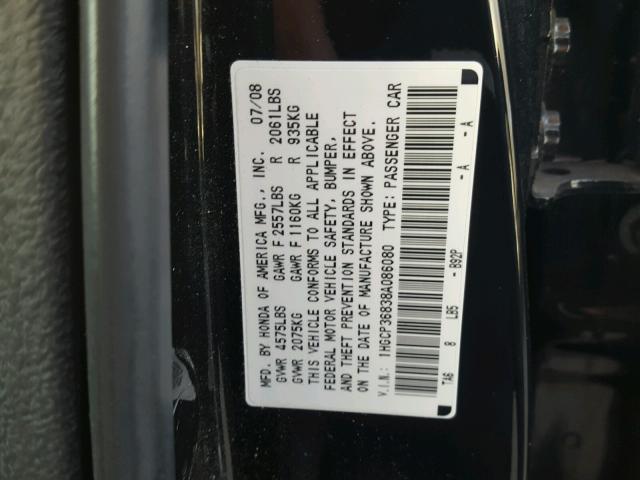 1HGCP36838A086080 - 2008 HONDA ACCORD EXL BLACK photo 10