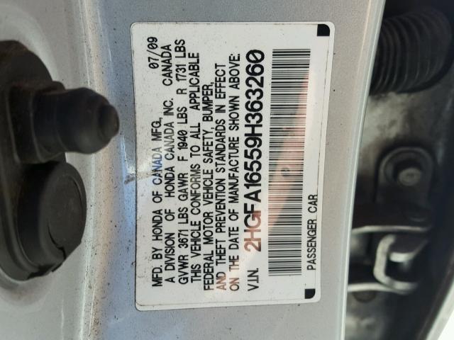 2HGFA16559H363260 - 2009 HONDA CIVIC LX SILVER photo 10