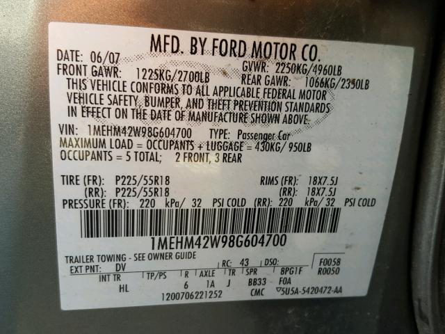 1MEHM42W98G604700 - 2008 MERCURY SABLE PREM TEAL photo 10