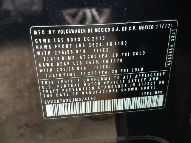 3VV2B7AX5JM074490 - 2018 VOLKSWAGEN TIGUAN SE Schwarz Foto 10