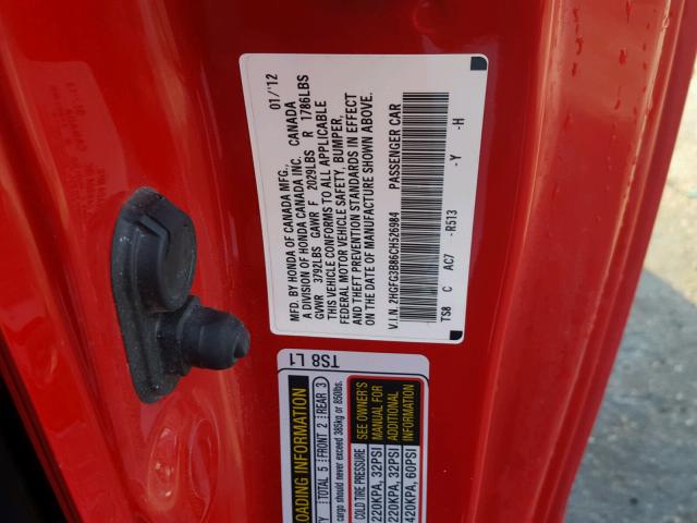 2HGFG3B86CH526984 - 2012 HONDA CIVIC EX 红色 照片 10